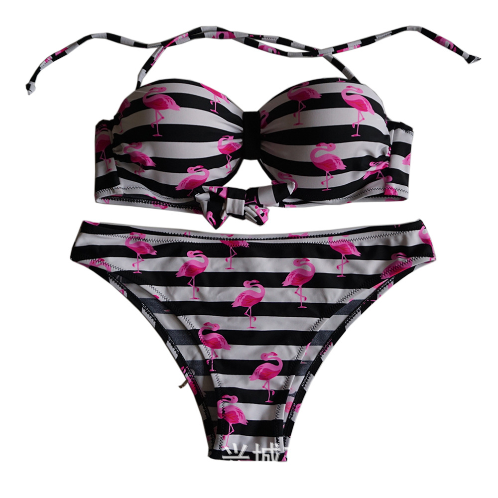 F4675-1Soild Flamingo Strip Print Halter Bikini Set